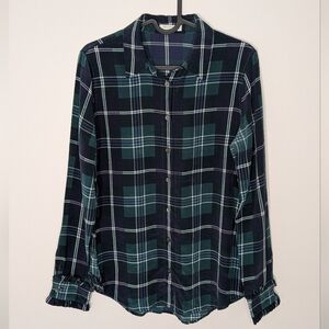 Equipment Femme Signature Ruffle Sleeve Silk Plaid Green Blue Blouse - Size XS